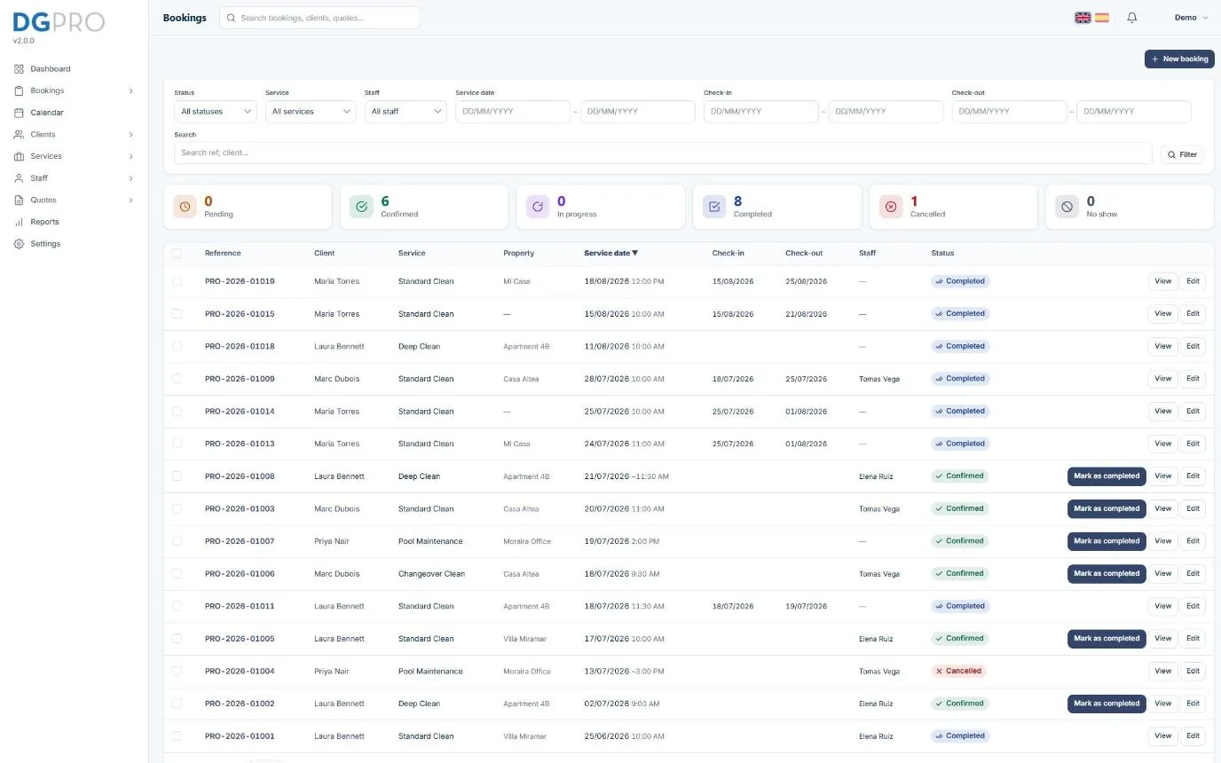 DG Pro: bookings and scheduling