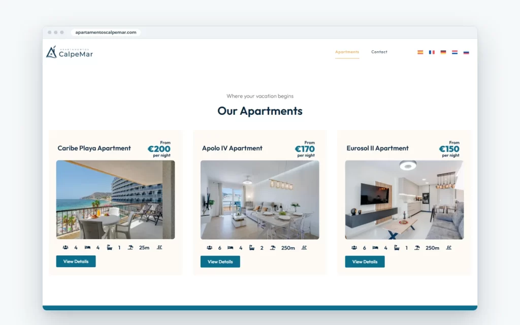 Calpemar website, inner page on desktop