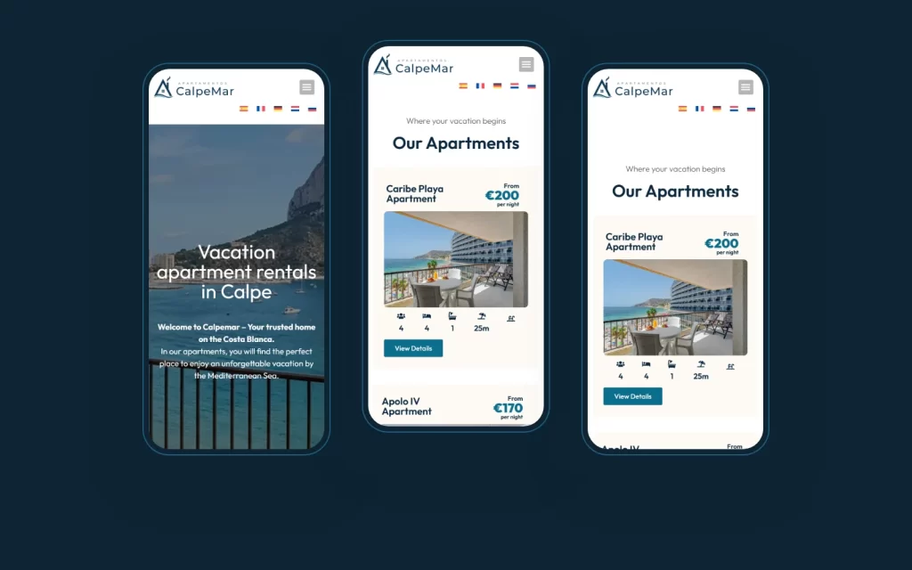 Calpemar website on three phone screens