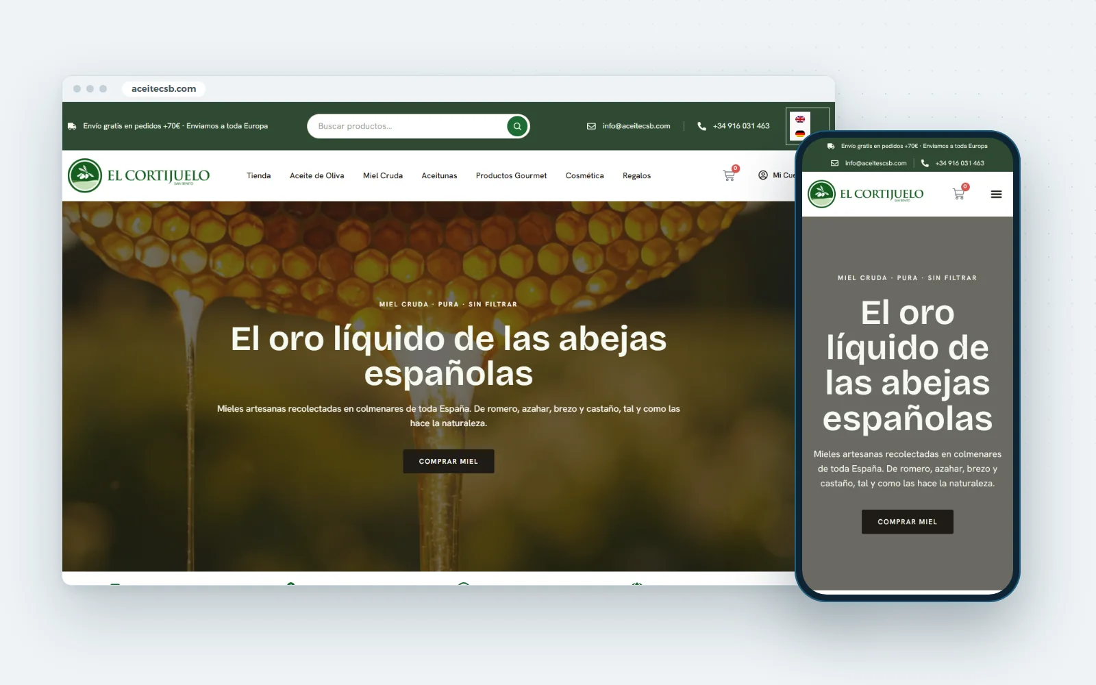 El Cortijuelo de San Benito website on a laptop and a phone