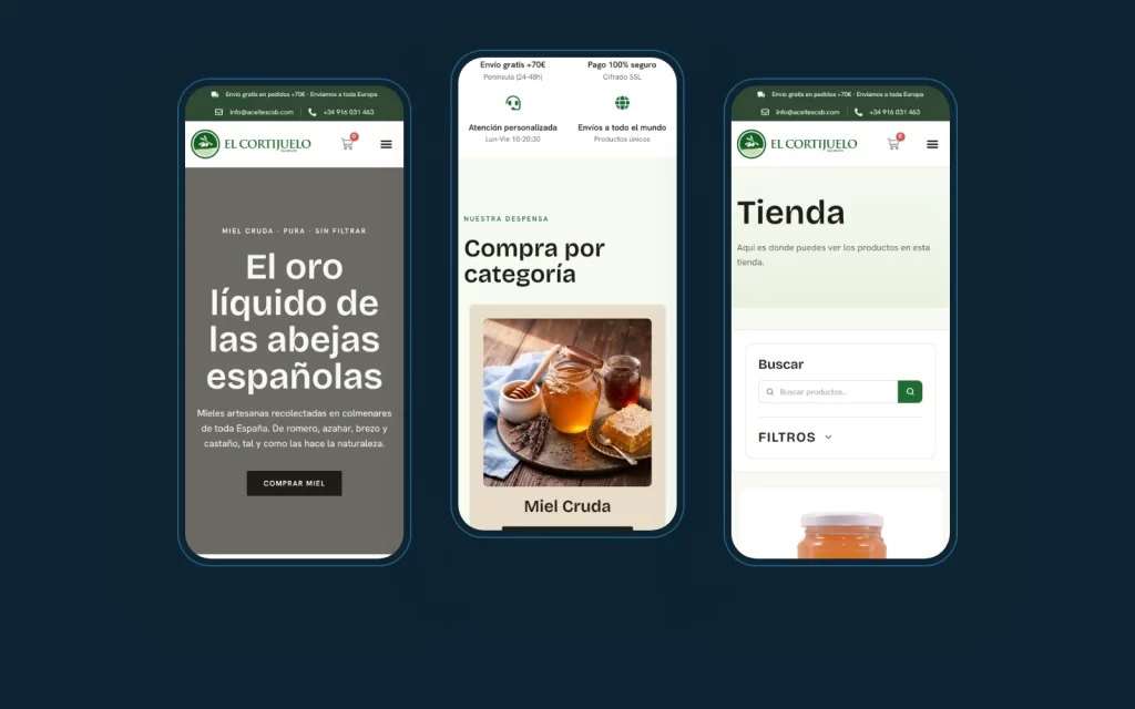 El Cortijuelo de San Benito website on three phone screens