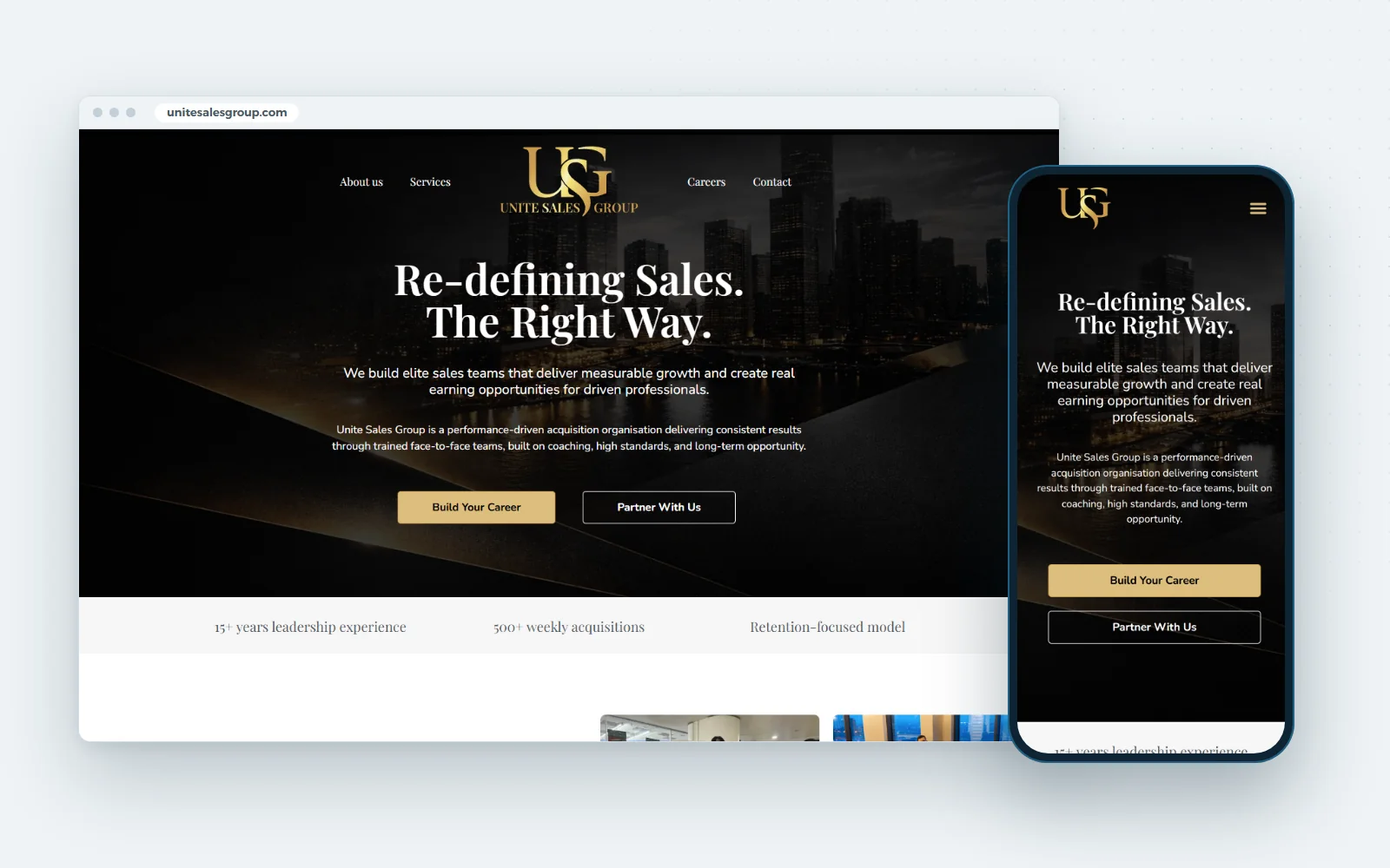 Unite Sales Group website on a laptop and a phone