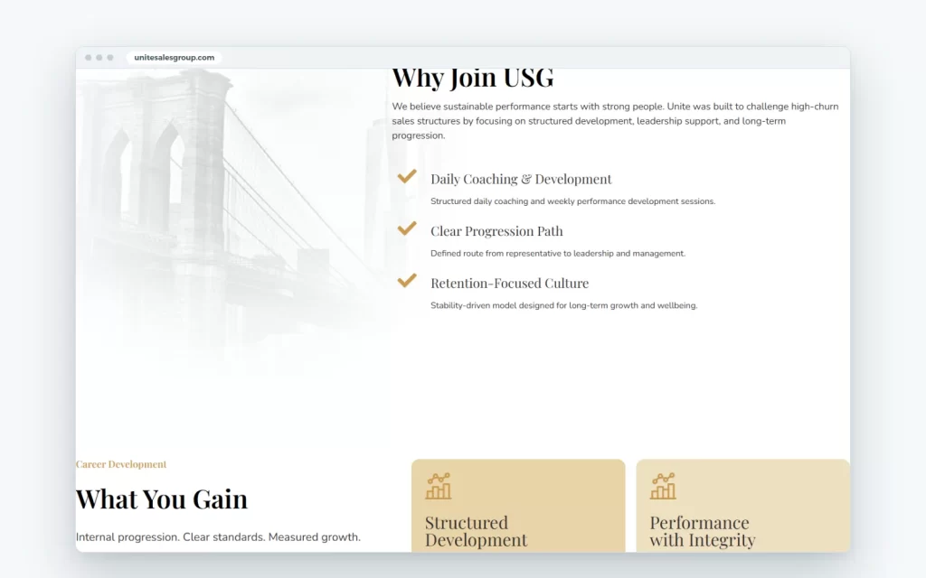 Unite Sales Group website, inner page on desktop