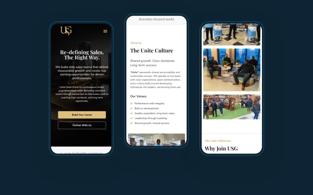 Unite Sales Group website on three phone screens
